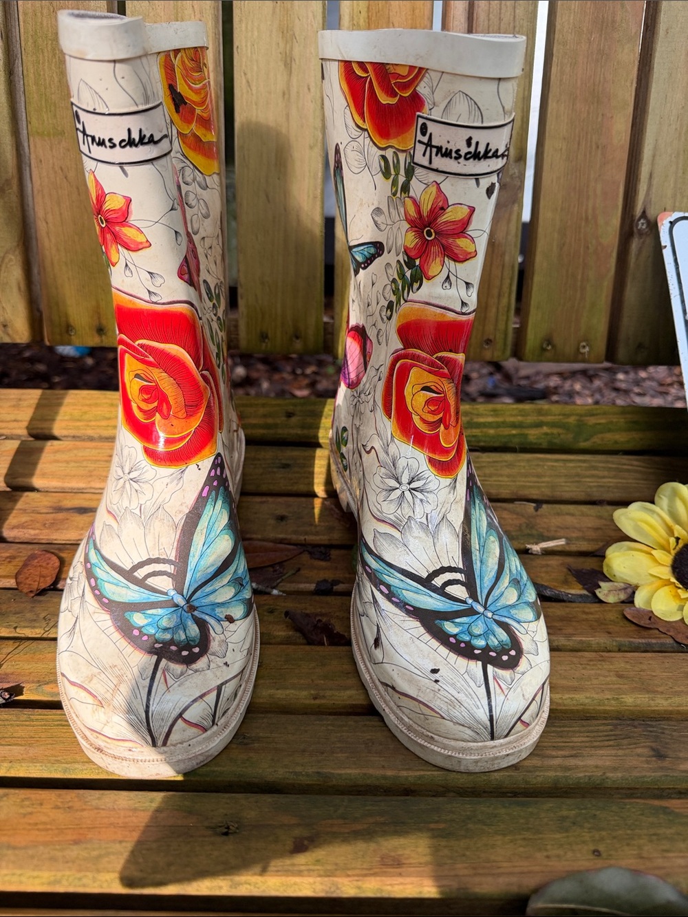 Anuschka Cream Rain Boots with Blue Butterfly & Orange Floral Design 10 women